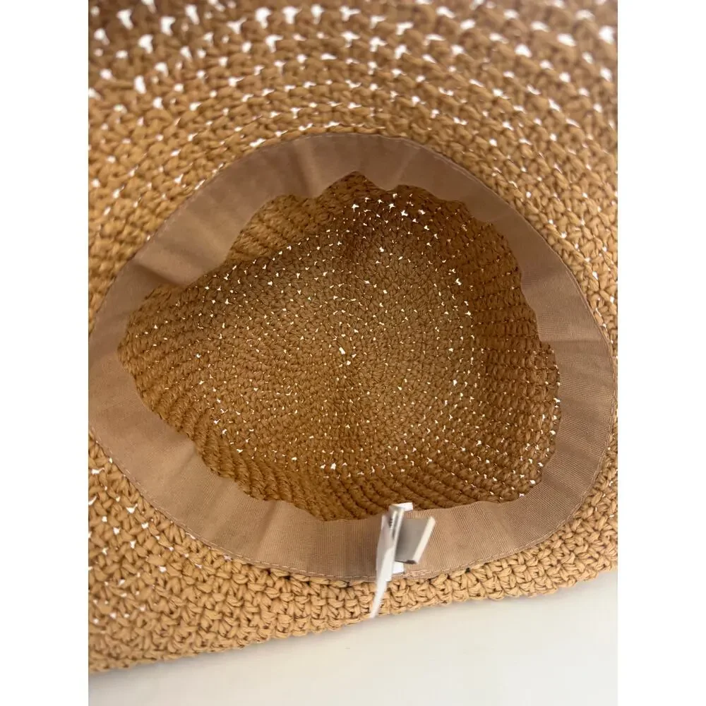 Ann Taylor LOFT Womens Woven Straw Crochet Sun Wide Brim Beach Summer Tan Hat